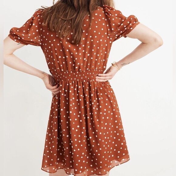 MADEWELL Smocked-Waist Mini Dress in Inkspot Dots Rust Brown Size Small - Picture 2 of 11